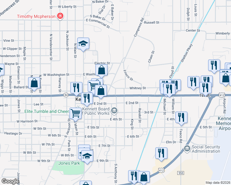 map of restaurants, bars, coffee shops, grocery stores, and more near 600 1st Street in Kennett