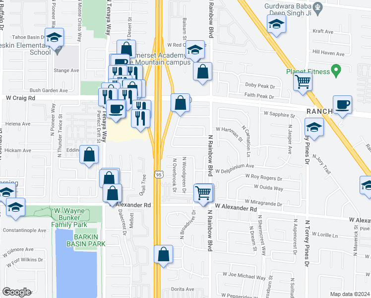 map of restaurants, bars, coffee shops, grocery stores, and more near 6813 West Old Castle Drive in Las Vegas