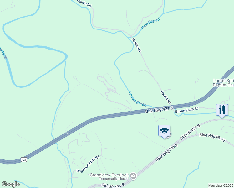 map of restaurants, bars, coffee shops, grocery stores, and more near 138 Mountain Ivy Lane in Boone