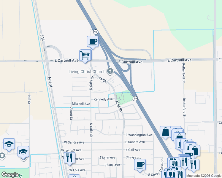 map of restaurants, bars, coffee shops, grocery stores, and more near 2443 Presidential Drive in Tulare