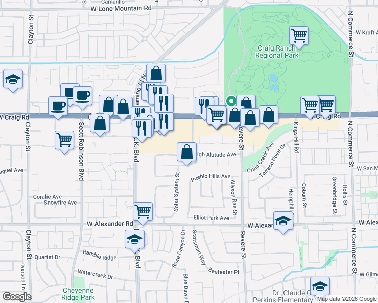 map of restaurants, bars, coffee shops, grocery stores, and more near 1112 High Altitude Avenue in North Las Vegas