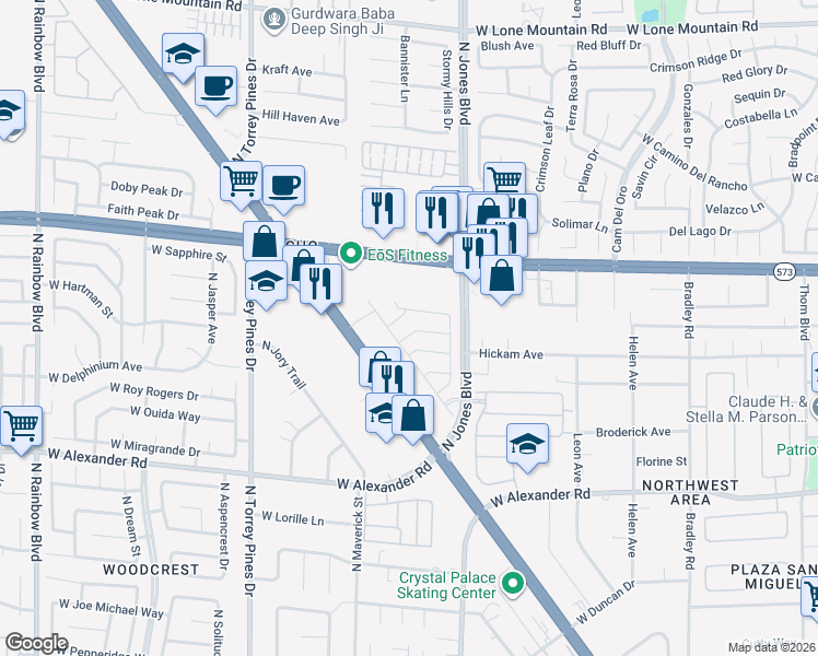 map of restaurants, bars, coffee shops, grocery stores, and more near 6106 Castle Gardens Avenue in Las Vegas