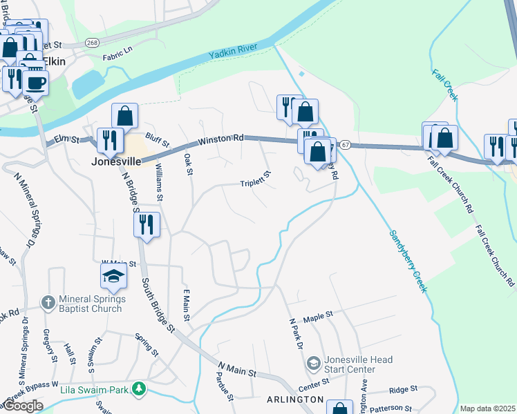 map of restaurants, bars, coffee shops, grocery stores, and more near 116 Robinson Court in Jonesville