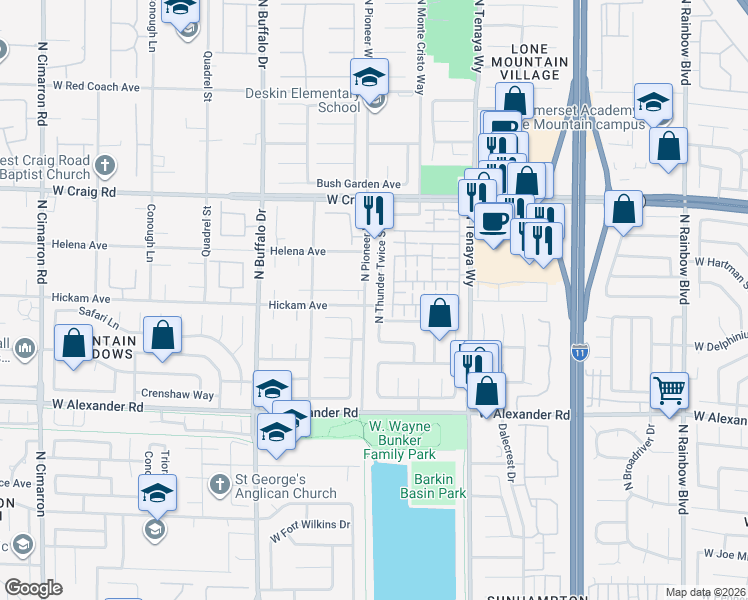 map of restaurants, bars, coffee shops, grocery stores, and more near 4205 North Thunder Twice Street in Las Vegas