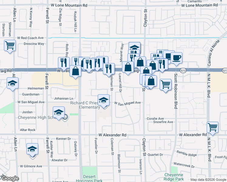 map of restaurants, bars, coffee shops, grocery stores, and more near 2409 Oscar Mariano Avenue in North Las Vegas
