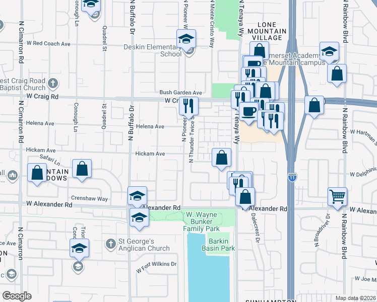 map of restaurants, bars, coffee shops, grocery stores, and more near 4205 North Thunder Twice Street in Las Vegas