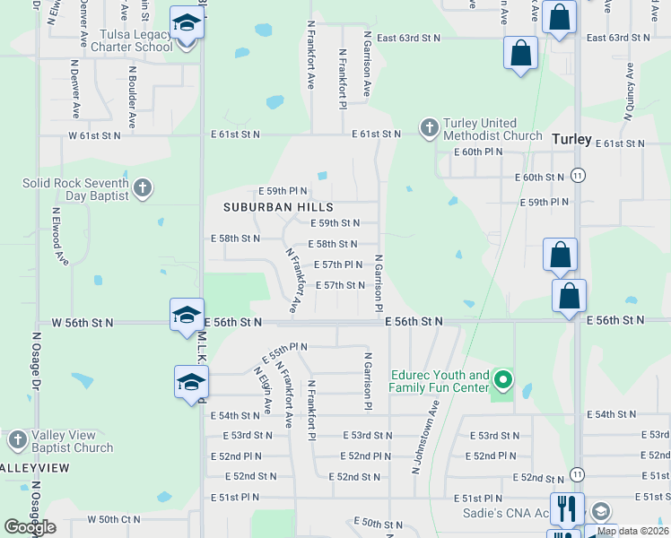 map of restaurants, bars, coffee shops, grocery stores, and more near 542 East 57th Place North in Tulsa