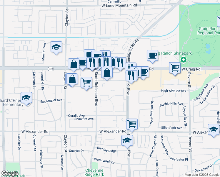 map of restaurants, bars, coffee shops, grocery stores, and more near 1648 Desert Path Avenue in North Las Vegas