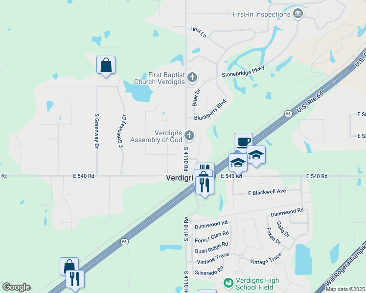 map of restaurants, bars, coffee shops, grocery stores, and more near 25844 South 4110 Road in Claremore
