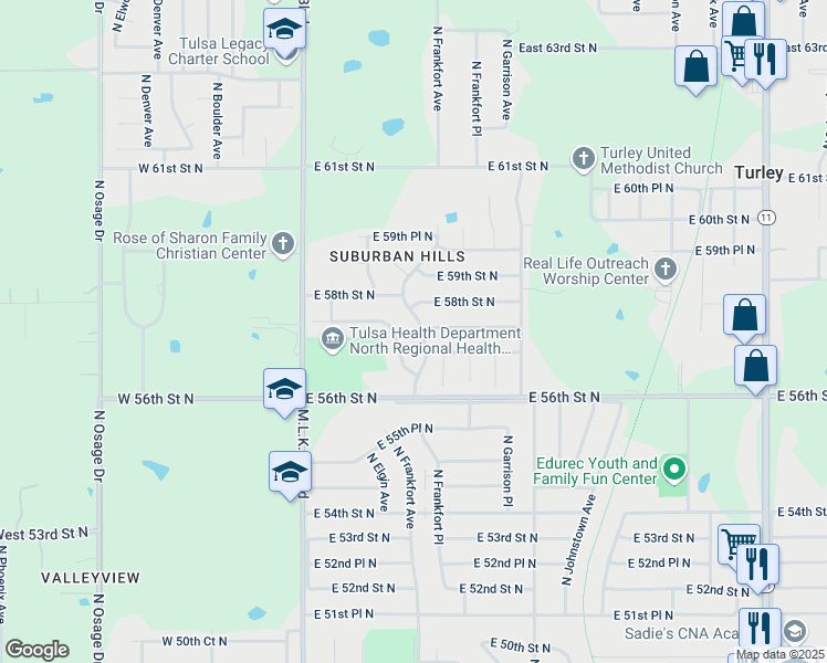 map of restaurants, bars, coffee shops, grocery stores, and more near 5720 North Frankfort Avenue in Tulsa
