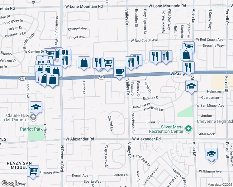 map of restaurants, bars, coffee shops, grocery stores, and more near 4351 Valley Sage Drive in North Las Vegas