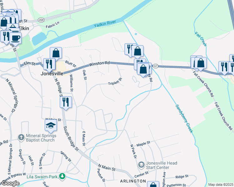 map of restaurants, bars, coffee shops, grocery stores, and more near 116 Robinson Court in Jonesville