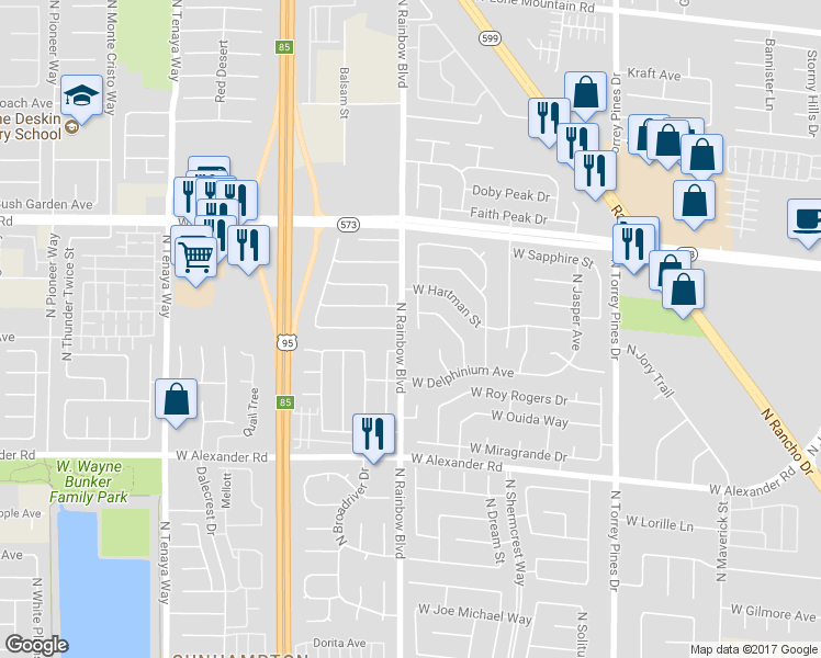 map of restaurants, bars, coffee shops, grocery stores, and more near 4232 North Orangeblossom Court in Las Vegas