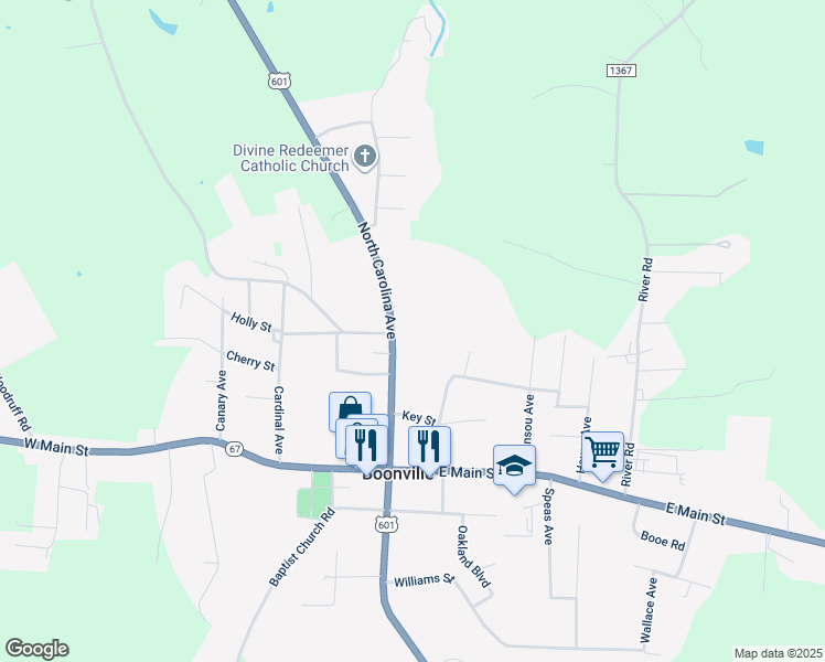 map of restaurants, bars, coffee shops, grocery stores, and more near 402 North Carolina Avenue in Boonville