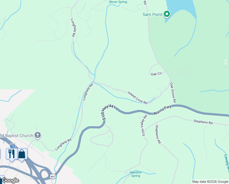 map of restaurants, bars, coffee shops, grocery stores, and more near 681 Island Cove Road in Rocky Top