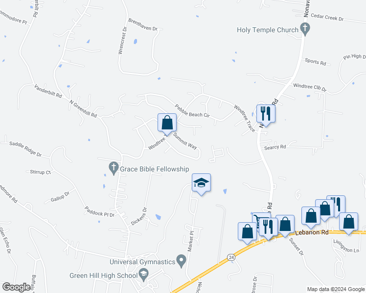 map of restaurants, bars, coffee shops, grocery stores, and more near 539 Summit Way in Mount Juliet