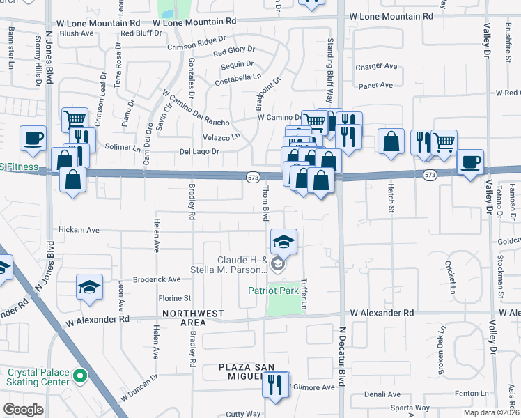 map of restaurants, bars, coffee shops, grocery stores, and more near 4300 Thom Boulevard in Las Vegas