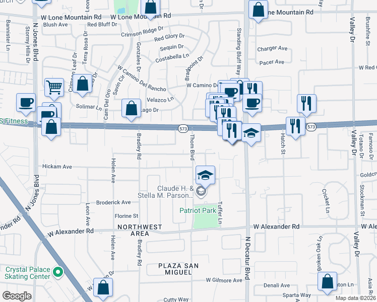 map of restaurants, bars, coffee shops, grocery stores, and more near 4300 Thom Boulevard in Las Vegas