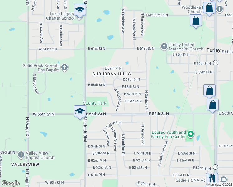 map of restaurants, bars, coffee shops, grocery stores, and more near 5653 North Elgin Avenue in Tulsa