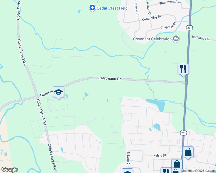 map of restaurants, bars, coffee shops, grocery stores, and more near Hartmann Drive in Lebanon