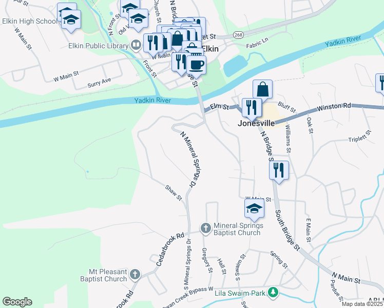 map of restaurants, bars, coffee shops, grocery stores, and more near 240 North Mineral Springs Drive in Jonesville