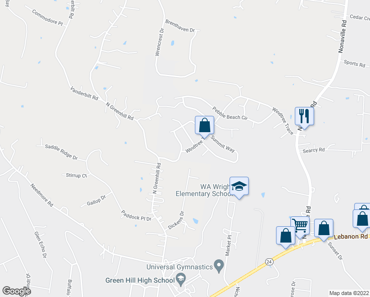 map of restaurants, bars, coffee shops, grocery stores, and more near 604 Windtree Pass in Mt. Juliet