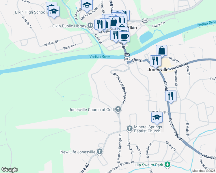 map of restaurants, bars, coffee shops, grocery stores, and more near 130 Pinnix Street in Jonesville
