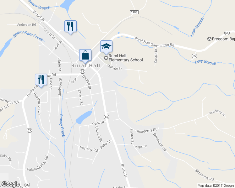 map of restaurants, bars, coffee shops, grocery stores, and more near 215 Academy Street in Rural Hall