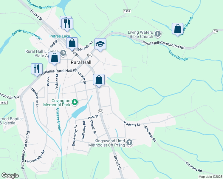 map of restaurants, bars, coffee shops, grocery stores, and more near 215 Academy Street in Rural Hall