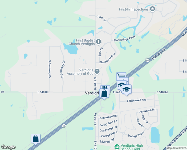 map of restaurants, bars, coffee shops, grocery stores, and more near 25844 South 4110 Road in Claremore