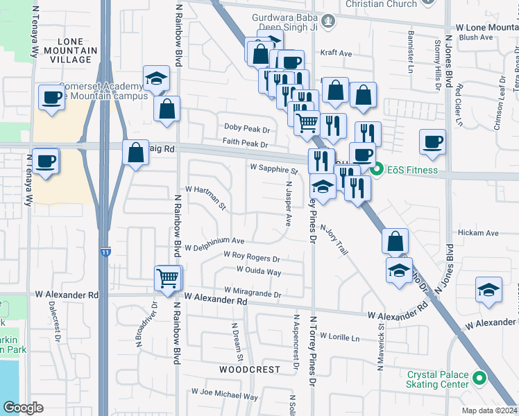map of restaurants, bars, coffee shops, grocery stores, and more near 6452 West Hartman Street in Las Vegas