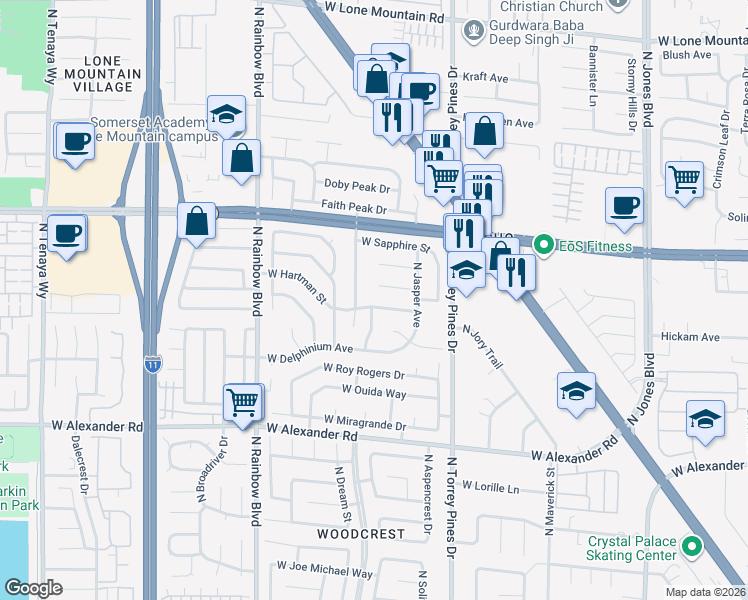 map of restaurants, bars, coffee shops, grocery stores, and more near 6452 West Hartman Street in Las Vegas