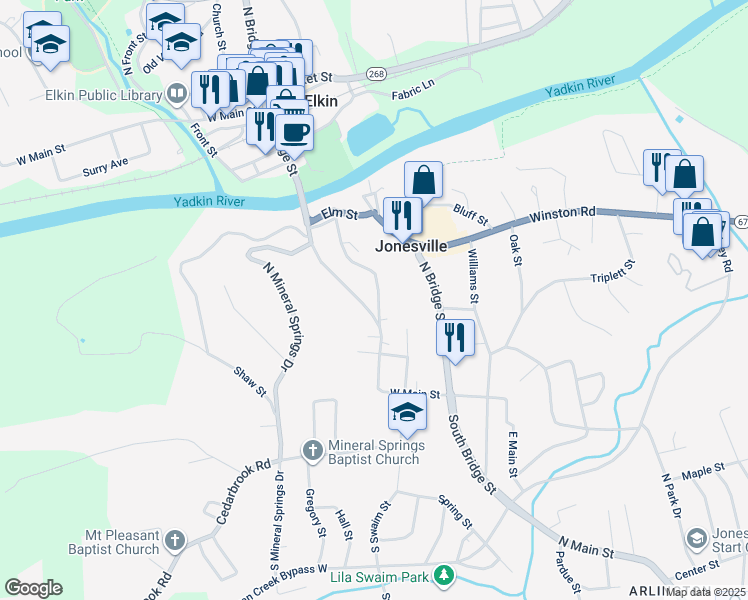 map of restaurants, bars, coffee shops, grocery stores, and more near 111 Cherry Street in Jonesville
