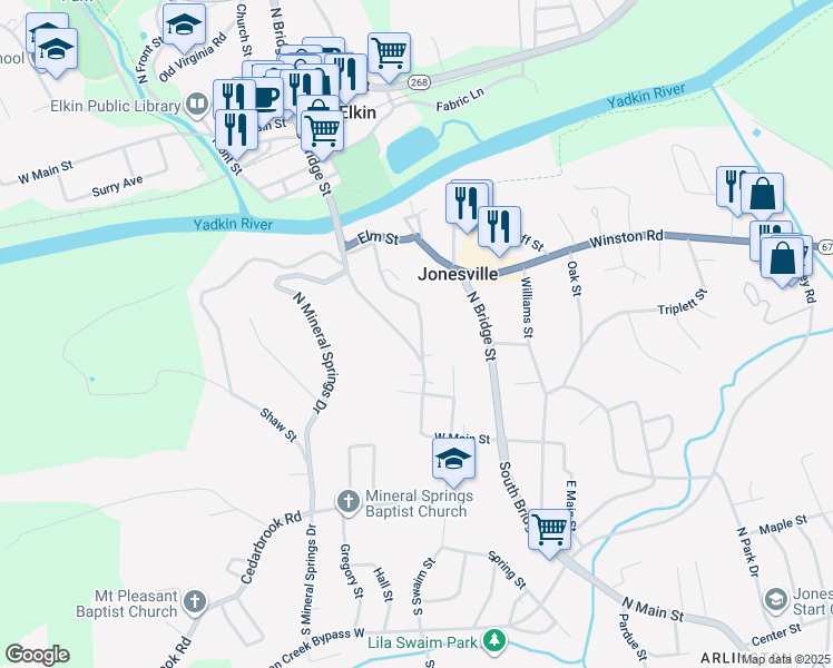 map of restaurants, bars, coffee shops, grocery stores, and more near 111 Cherry Street in Jonesville