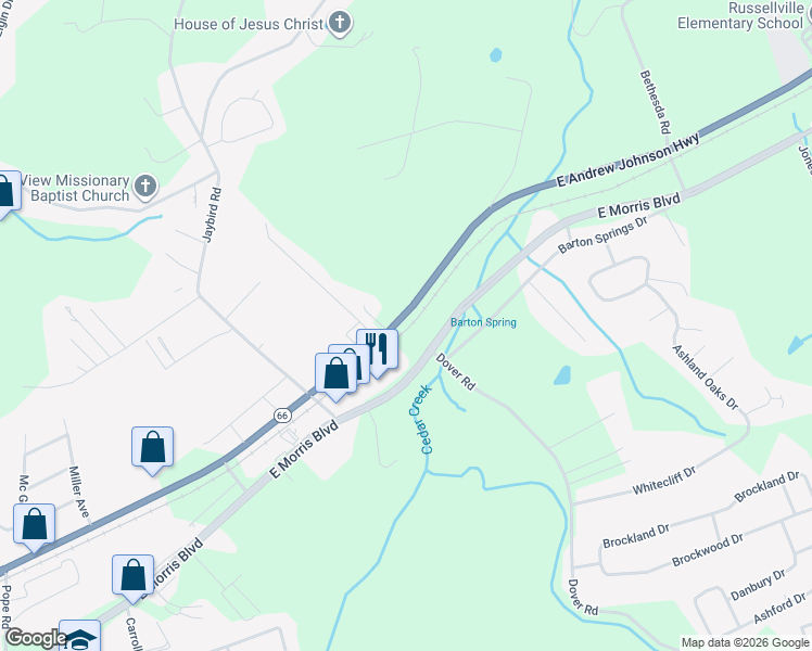 map of restaurants, bars, coffee shops, grocery stores, and more near 4516 East Andrew Johnson Highway in Morristown