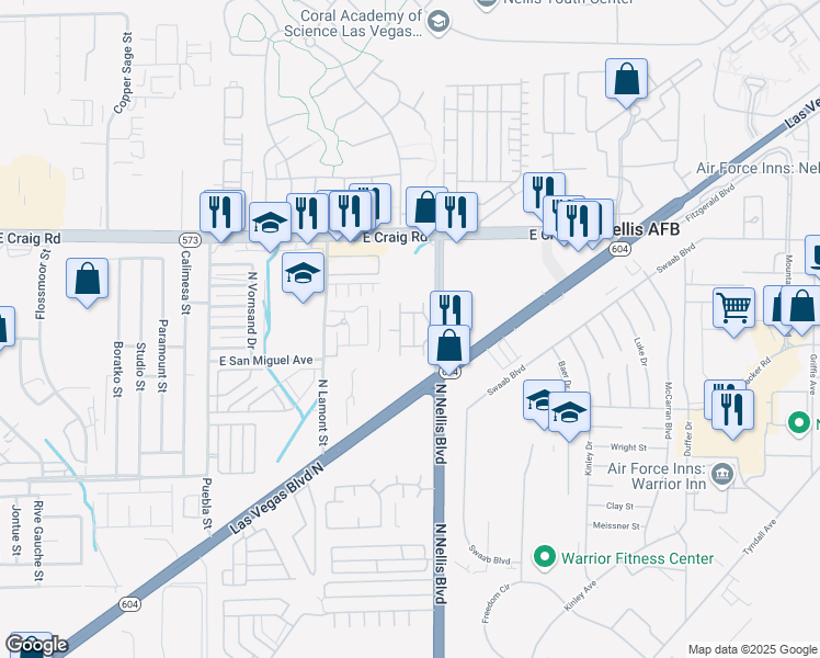 map of restaurants, bars, coffee shops, grocery stores, and more near 13 North Nellis Boulevard in Las Vegas