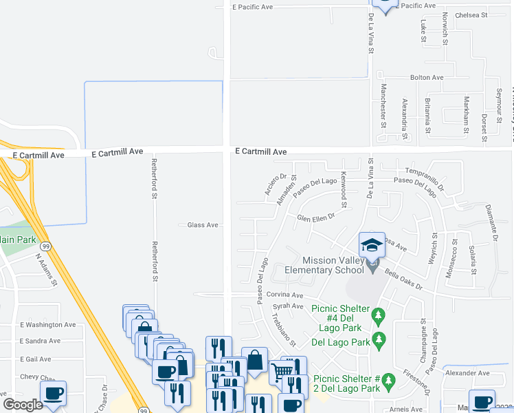 map of restaurants, bars, coffee shops, grocery stores, and more near 1249 Bargetto Court in Tulare