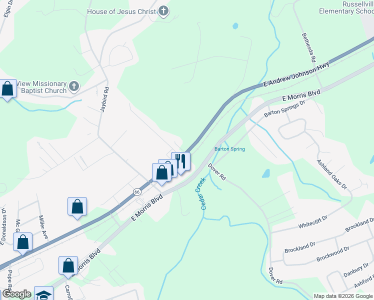map of restaurants, bars, coffee shops, grocery stores, and more near 4516 E Andrew Johnson Hwy in Morristown