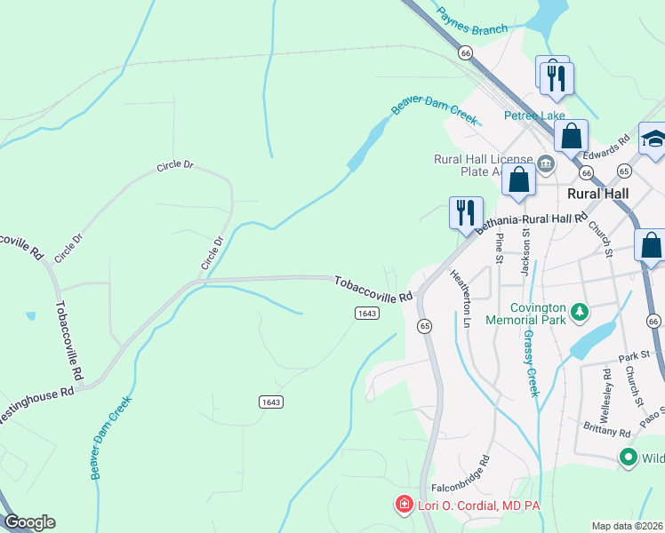 map of restaurants, bars, coffee shops, grocery stores, and more near 551 Tobaccoville Road in Rural Hall