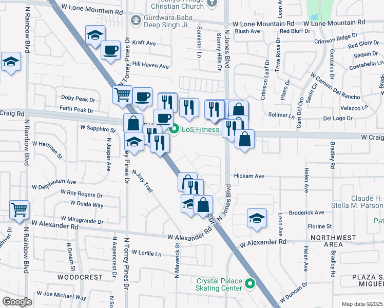 map of restaurants, bars, coffee shops, grocery stores, and more near 6129 Rose Springs Avenue in Las Vegas