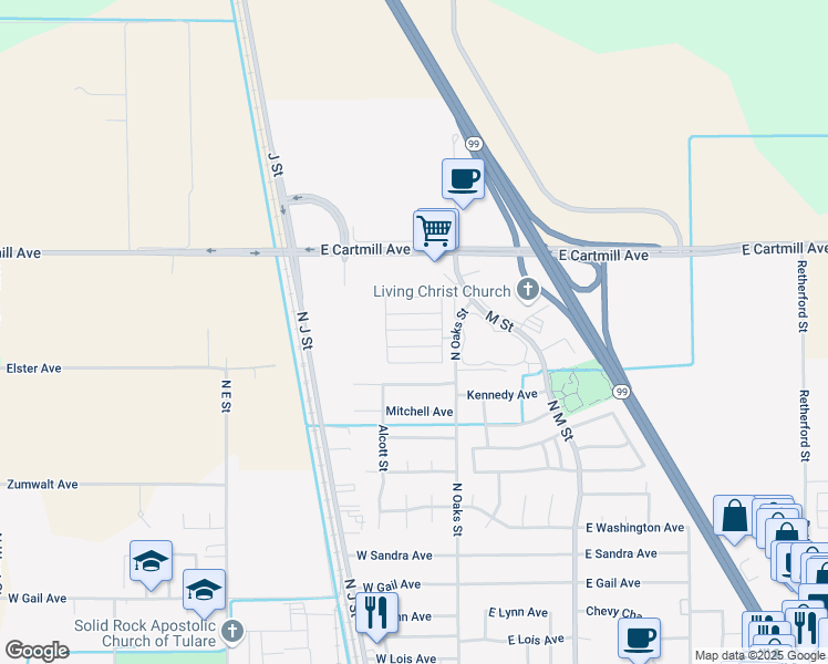 map of restaurants, bars, coffee shops, grocery stores, and more near 2459 North Oaks Street in Tulare