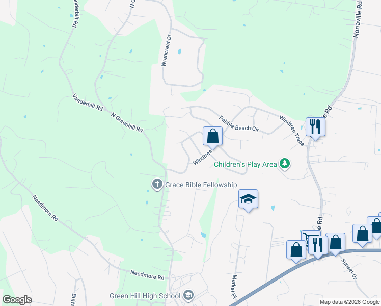 map of restaurants, bars, coffee shops, grocery stores, and more near 604 Windtree Pass in Mt. Juliet