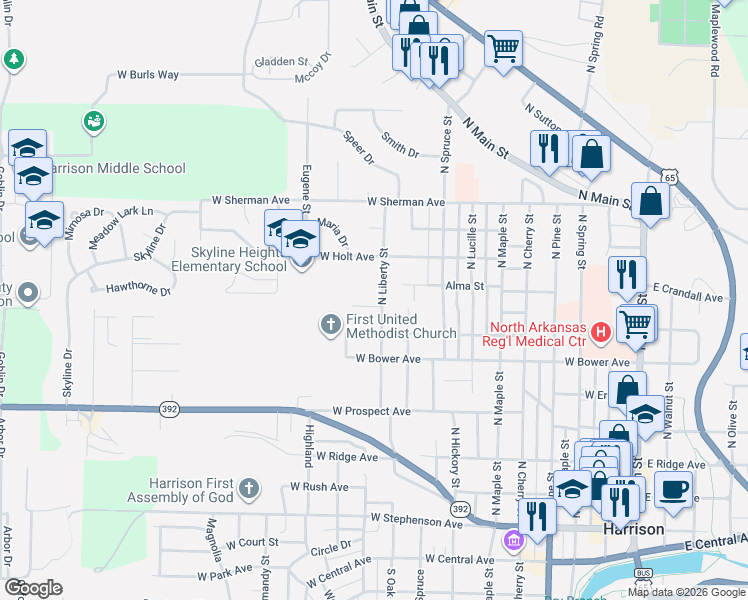 map of restaurants, bars, coffee shops, grocery stores, and more near 1001 West Bunn Avenue in Harrison