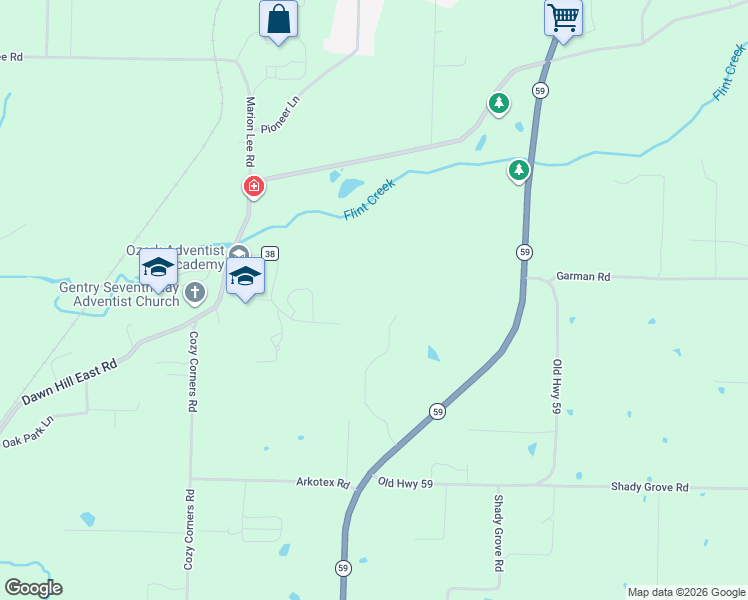 map of restaurants, bars, coffee shops, grocery stores, and more near 13301 Big Red Lane in Siloam Springs