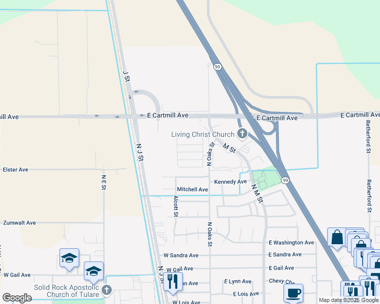 map of restaurants, bars, coffee shops, grocery stores, and more near 2459 North Oaks Street in Tulare