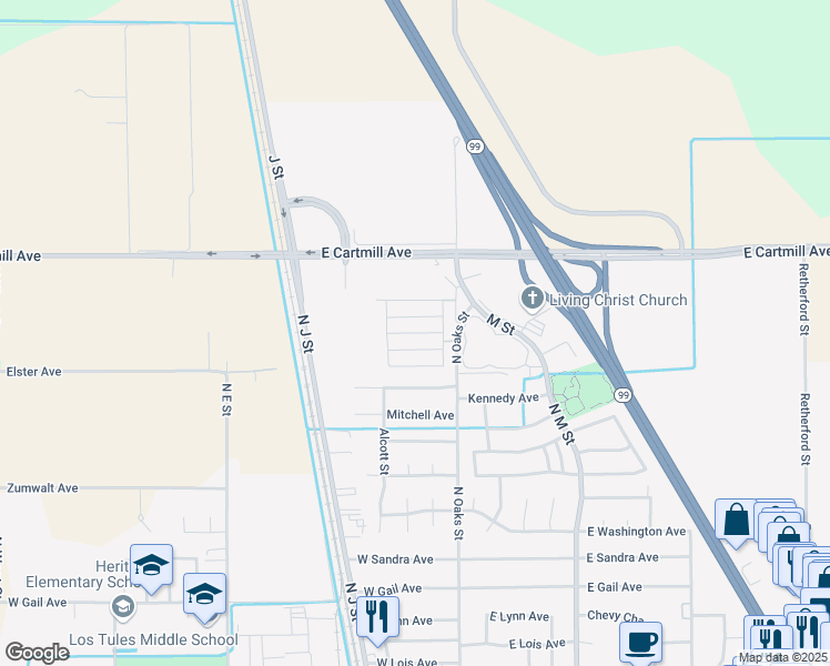 map of restaurants, bars, coffee shops, grocery stores, and more near 2459 North Oaks Street in Tulare