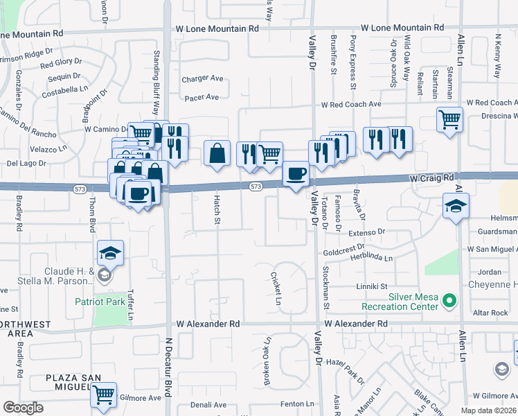 map of restaurants, bars, coffee shops, grocery stores, and more near 4428 Valley Oaks Drive in North Las Vegas