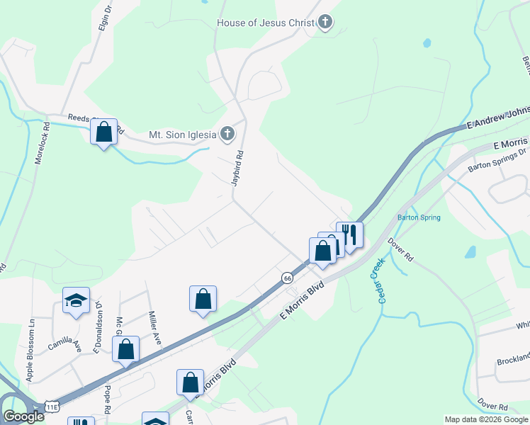 map of restaurants, bars, coffee shops, grocery stores, and more near 420 Jaybird Road in Morristown