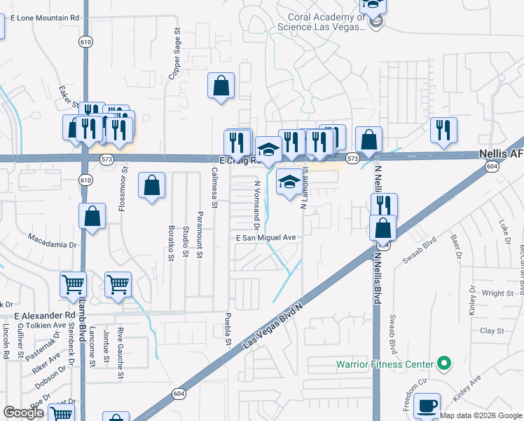 map of restaurants, bars, coffee shops, grocery stores, and more near 4284 North Vornsand Drive in Las Vegas