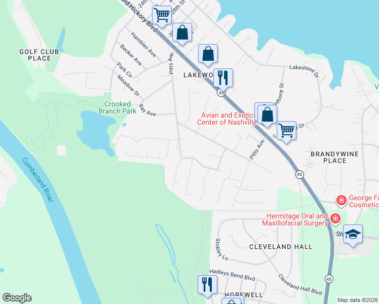 map of restaurants, bars, coffee shops, grocery stores, and more near 107 Rifle Range Road in Nashville